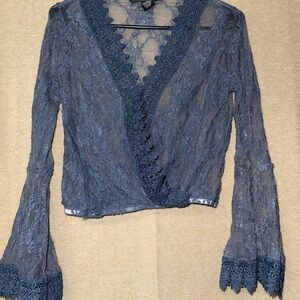 Womens M Blue Lace Semi Sheer Lined V Neck Ruffle Cuff Blouse Boho Chic